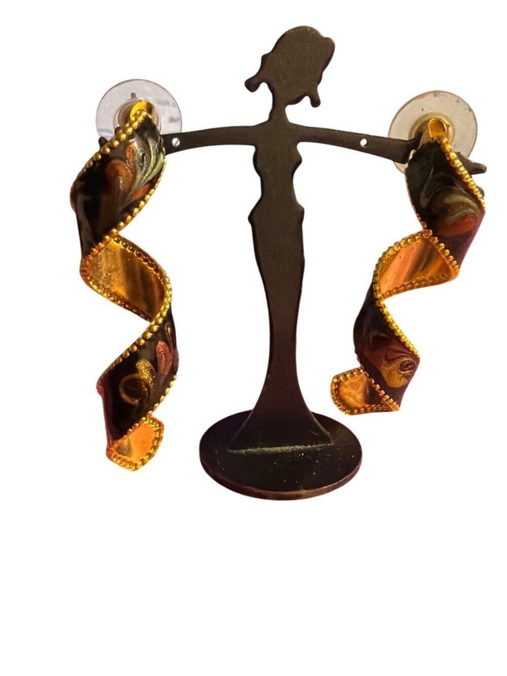 Vintage Gold Tone Spiral Drop Earrings Black Enamel Swirl 2" Estate Pierced